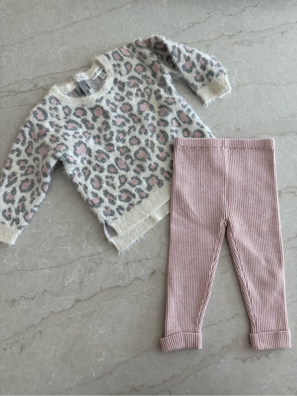 Girls Cozy Leopard Knit Sweater & Pink Ribbed Leggings Matching Set